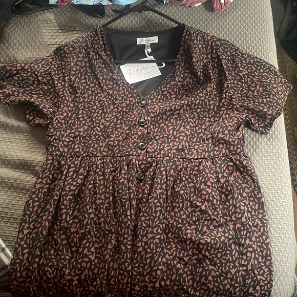 Comfy brindle print dress with pockets, navy/brown. - Picture 4 of 5